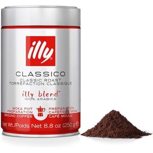 illy, Caffè Macinato per Moka Tostato CLASSICO, 100% Arabica con Note di Fiori d'Arancio e Gelsomino, Gusto Morbido e Retrogusto Dolce, Confezione da 250g