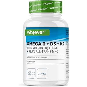 Vit4ever Omega 3 + Vitamina D3 + K2-240 Capsule 4 Mesi di Scorta - Olio di Pesce Alto Dosaggio con EPA e DHA - Premium K2 All-Trans 99,7+% con Omega3 in Forma Trigliceride e Vitamin D3 Alta Biodisponibilità