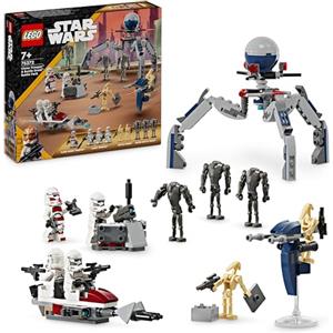 LEGO Star Wars Battle Pack Clone Trooper e Battle Droid Set da Battaglia con Veicolo Giocattolo Speeder Bike, Tri-Droide e Postazione Difensiva, Regalo per Bambini e Bambine da 7 Anni in su 75372