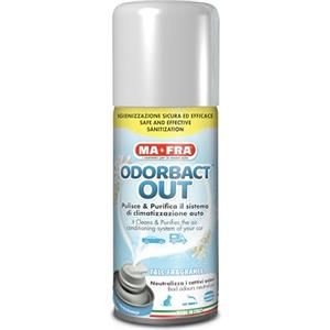 Ma-Fra Odorbact out Talc Fragrance, Spray Purificante per Climatizzatori Auto, Neutralizza i Cattivi Odori e Rilascia Una Piacevole Fragranza al Talco, Formato 150ml