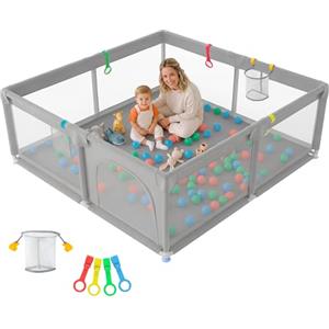 JUPPLIES Box Bambini 120×120 cm - Recinto Gioco per Neonato 6-24 Mesi, Rete Traspirante 360°, Struttura Antiscivolo e Robusta, Facile da Montare (Grigio)