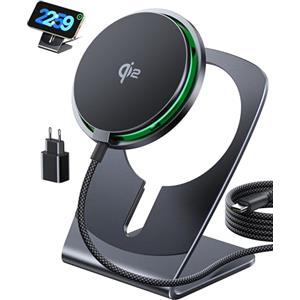 INIU Caricatore Wireless 2 in 1, 15W Certificato Qi2 Caricabatterie Magnetico, Stazione Ricarica Wireless Mag-Safe per iPhone 17 16 15 14 13 Pro Max Mini AirPods 4 3 2(con Adattatore USB C 20W)