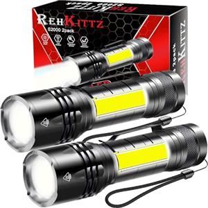 REHKITTZ Torcia LED Potente 2 Pezzi, Multifunzione (Bianca,Rossa,Lampeggiante Bianca e Rossa), 2000 lumen, Super luminosa, Mini Torcia Compatta, Portatile, per Campeggio