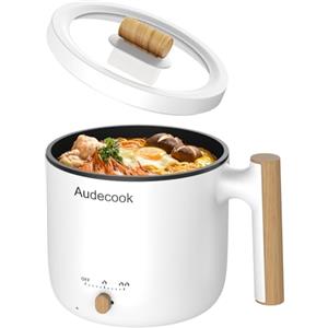 Audecook Hot Pot elettrico, 1,8 L, mini multicooker antiaderente portatile, fornello ramen rapido, padella elettrica da viaggio con doppio controllo di potenza per bistecca/pasta/zuppa/uovo/avena