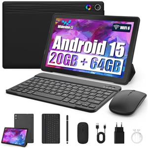 Byxsb Tablet 10 Pollici Kit 8-in-1 Android 15 Tablet PC con Custodia, Tastiera, Mouse, Penna, Cuffie, Alimentatore, Cavo, Octa-Core, 20 GB RAM, 64 GB ROM, Espandibile 1TB,Display IPS 1280x800,5000 mAh(Nero)
