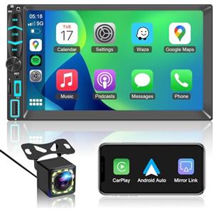 KMUTZY Autoradio 2 DIN Bluetooth con CarPlay Wireless & Android Auto,7 Pollici Touchscreen Stereo Bluetooth con Schermo, Radio con Mirror Link/AM/FM/RDS/Type-C, Supporta Telecamera Posteriore,AirPlay