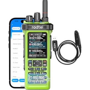 Radtel RT-950 PRO Radio amatoriale TX GPS/APRS, walkie-talkie da 10 W, radio bidirezionale portatile a lungo raggio, AM/FM/CB/SW/MW/LW RX, verde (con cavo di programmazione)