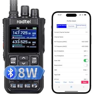 Radtel RT-900 Walkie Talkie Portatile Long Range 8W Multi-Banda, Radio Bi-direzionale VHF/UHF 256 Canali, Batteria 2200mAh, Correlazione di Frequenza, Banda Aeronautica (Programmazione Bluetooth).