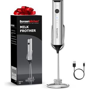 Bonsenkitchen Montalatte Elettrico Ricaricabile con Supporto, 3 Velocità, Frullatore in Acciaio Inossidabile Rimovibile, Design Silenzioso per Cappuccino, Matcha, Regali per la Cucina