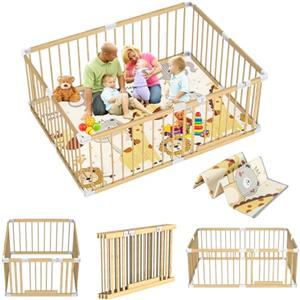 GERCHAM Box Bambini con Materassino,160x180cm in Legno Naturale Recinto per Bambini,XXL Box Neonato,Pieghevole Recinto Neonato con porta,grande per la casa