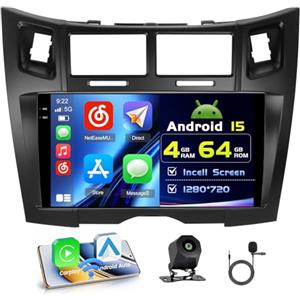 Hikity 4+64G 9 Autoradio Android per Toyota Yaris/Vizi 2005-2011 | Incell Touchscreen Wireless Carplay Autoradio 2 DIN GPS Navi Bluetooth 5.0 WiFi FM/RDS Retrocamera EQ 4+64G