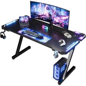 Devoko 120 x 60cm Scrivania Gaming LED, Tavolo Gaming Ergonomica, Scrivania per Computer con Porta Bicchiere e Ganci per Cuffie, Postazione con Piano del Tavolo in Fibra di Carbonio, Nero