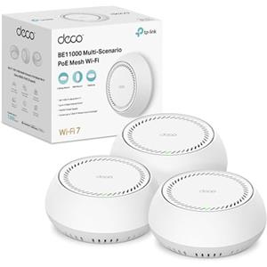 TP-Link WiFi 7 Deco BE65-PoE Mesh WiFi con PoE, BE9300Mbps Tri-Band, 2 Porte di 5 Gigabit, Ripetitore WiFi, MLO, con Tecnologia AI, 3 Pz con Copertura Fino a 380㎡, Canali 320 MHz, Banda a 6 GHz