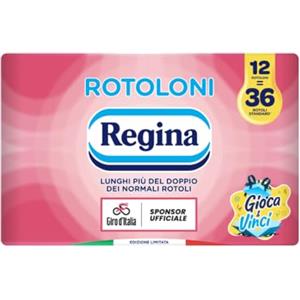 Regina Rotoloni Regina - 12 Maxi Rotoli di Carta Igienica, 500 Fogli a 2 Veli, Lunghi Più del Doppio dei Normali Rotoli, Confezione 60% in Plastica Riciclata, Carta 100% Certificata FSC