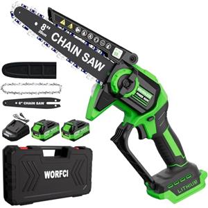 WORFCI 8 Pollici Mini Motosega con 2 Batterie e Caricatore, Sega a Batteria per Potatura Senza Fili, Brushless Motosega con Lubrificazione Automatica, Motosega Elettrica Potatura di Legno/Alberi