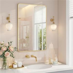 SONGMICS Specchio Bagno, Specchio da Parete, Rettangolare, Cornice in Alluminio, 91 x 61 cm, Pellicola di Sicurezza, 2 Opzioni di Sospensione, Soggiorno Camera da Letto, Oro Pallido LWM010AB01