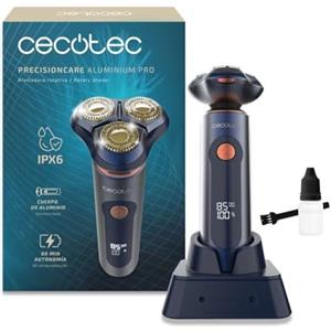 Cecotec Rasoio Rotativo PrecisionCare Aluminium Pro. Autonomia 80min, Display LCD, Lame Titanio, 8000rpm, Resistente all'Acqua IPX6, Tecnologia Doppia Lama, Base Ricarica
