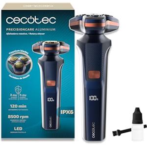 Cecotec Rasoio rotante PrecisionCare Aluminium. Lame per capelli lunghi e corti, display LED intelligente, 2 velocità, 8500 giri/min, autonomia 2 ore, testa magnetica e rivestimento in titanio