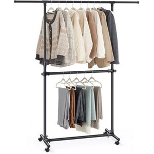 SONGMICS Stand Appendiabiti Doppio, Attaccapanni Estensibile con Ruote, Altezza Regolabile 113-180 cm, Barra Centrale Regolabile, Nero LLR401B01