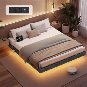 VASAGLE Struttura Letto Effetto Fluttuante 160 x 200 cm, Bordi Imbottiti, LED, 2 Prese AC, 1 Porta USB-A, 1 Porta USB-C, 1 Porta USB-A sul Retro, Portata 500 kg, Grigio Ardesia RMB165G101