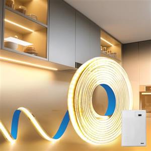 BRIMETI Striscia LED a Batteria COB 5V 1M Blanc Chaud 3000K 320LEDs/M Autoadesiva Flessibile Luminosa Interno Strisce Nastri per Cucina Camera da Letto Armadio Scaffale Decorazioni Casa e Natale