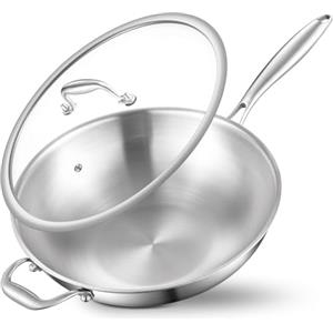 DELARLOCHEF Wok padella non rivestita con coperchio e manici: padella wok a 3 strati in acciaio inox, 32 cm, priva di PFOA, PTFE, resistente al forno fino a 400 °C