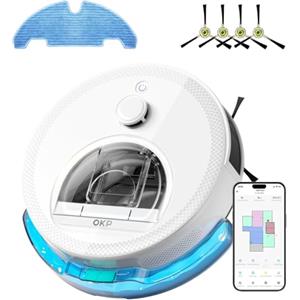 OKP L6 Aqua Robot Aspirapolvere Lavapavimenti con Mappatura, 6000 Pa, 150 Min, Navigazione dToF, Zona vietata, 3 IN 1, Rilevamento Tappeti, Ideale per Tappeti/Pavimenti/Peli, WiFi 2.4G/5G, App, Alexa