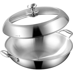 DELARLOCHEF Wok con induzione da 35 cm: Wok con rivestimento a 3 strati in acciaio inossidabile da 35 cm, senza PFOA, PTFE, resistente al forno fino a 400°C, risparmio energetico del 20%, Padella in