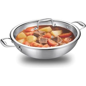 DELARLOCHEF Padella in acciaio inox da 30 cm, padella a 3 strati in acciaio inox, padella wok con coperchio, padelle da portata a induzione, adatte per fornelli a gas, risparmio energetico del 20%