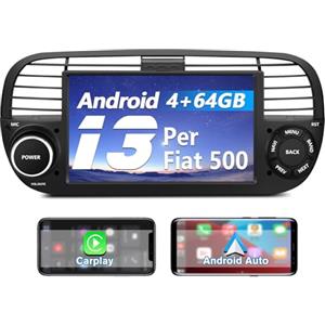 AWESAFE Android 13 Autoradio per FIAT 500 (2007-2015) lo stereo 7 pollici 1 din (4GB＋64GB) Supporto CarPlay Android Auto GPS WIFI Bluetooth MirrorLink (Nero)