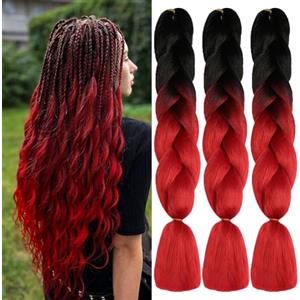 ShowJarlly Treccie Africane Extension 24", Treccia Capelli, Ombre Jumbo Treccia Capelli Fibra treccia di scatola, Per Crochet Twist Intrecciare I Capelli (Nero/Rosso)