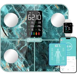 Healthkeep Bilancia per il Grasso Corporeo con Massa Muscolare, 15 Dati del Corpo con Analisi del Grasso Corporeo, Smart Bilancia con APP, Ampio Display VA, Verde Iridescente