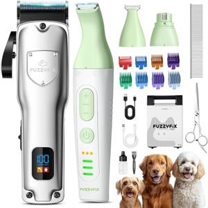 FuzzyFix Tosatrice per Cani 4-in-1 Professionale per Cani con Pelo Folto, Ricaricabile e Silenziosa, con Custodia, Set di 1 spazzole per la cura del pelo