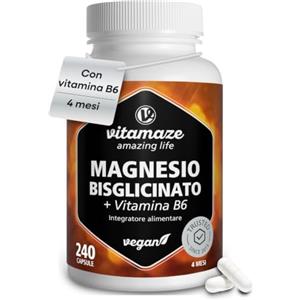 Vitamaze - amazing life Magnesio Bisglicinato con Vitamina B6, 240 capsule per 4 mesi, Benessere quotidiano, Riposo e Funzionalità Muscolare, solo 2 capsule al giorno, prodotto in Germania