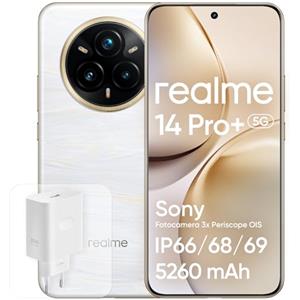 realme 14 Pro+ 5G Android Smartphone, 8+ 256 GB, Sony IMX896 OIS-Kamera, Trendiges Design mit wechselnden Farben, IP69, 6,83 120-Hz-Display, 5260-mAh-Akku, Weiß (Mit Adapter)