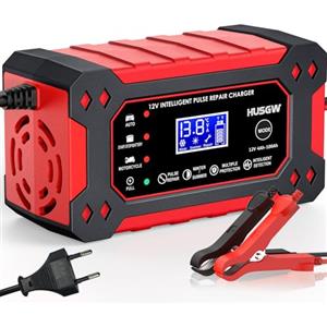 Husgw 12V6A Caricabatterie per Auto, Caricabatterie Intelligente con Funzione di Riparazione Automatica e Display LCD, per Auto, Moto, Camion, AGM, Gel, SLA (2Ah-100Ah) (Rosso 6)