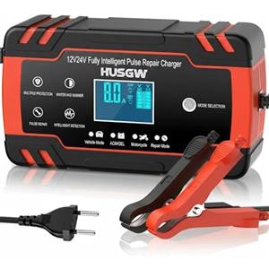 Husgw Caricabatteria da Auto 12V / 24V 8A Multi Protezioni e Mantenitore,Intelligente Schermo LED Completamente Automatico per Moto,Barche