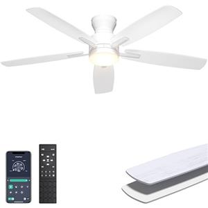 Ohniyou Ventilatore da soffitto a basso profilo da 52 pollici con luce, telecomando/APP, luce regolabile, silenziosa ventilatore da soffitto a montaggio a incasso moderno per camera da letto soggiorno