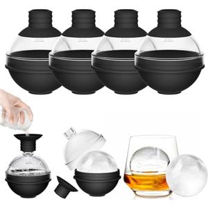 iyes.top Stampo Grandi Cubetti di Ghiaccio Rotondi con Coperchio a Imbuto - Stampo in Silicone da 6 cm per Ghiaccio per Whisky, Cocktail, Vino e Altre Bevande (4 Pezzi) - Stampi Circolari Riutilizzabili Facili
