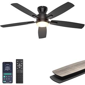 Ohniyou Ventilatore da soffitto a basso profilo da 52 pollici con luce, controllo remoto/app, luce dimmerabile, silenzioso, moderno ventilatore da soffitto per camera da letto soggiorno, nero