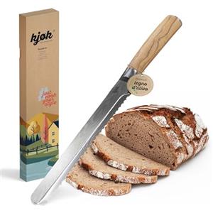 kjøk Premium Coltello Tagliapane con manico ergonomico in legno d'ulivo - Coltello da pane con lama da 20 cm seghettato in acciaio (5cr) durezza 56±2 HRC - Coltelli lungo per panettone