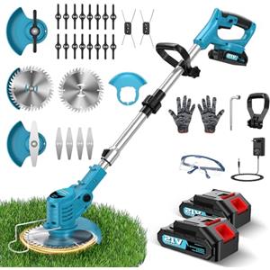 finade Decespugliatore a Batteria 21V, Tagliaerba Elettrico 500W 2 Batteria 2000 mAh 4 Tipi di Lame, L'asta l'impugnatura Regolabili e Pieghevoli, Testa Girante a 90° Per Rifinire Facilmente Giardino e Prati