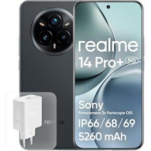 realme 14 Pro+ Android Smartphone, 8+ 256 GB, Sony IMX896 OIS-Kamera, Qualcomm Snapdragon 7s Gen 3 5G, IP69, 6,83 120-Hz-Display, 5260-mAh-Akku, Grau (Mit Adapter)