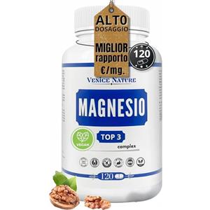 Venice Nature MAGNESIO COMPLETO 400mg - 3 in 1 Alto dosaggio, Miglior rapporto €/mg. | Vegano, 120 Capsule, Integratore Magnesio Complex, Magnesium Ossido, Bisglicinato e Citrato - Venice Nature