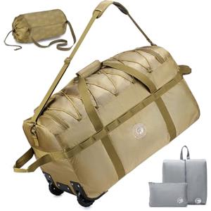 YOODI 100L XXL Grande Borsone da Viaggio Pieghevole con Ruote con Borsa da Toilette e Sacca per Scarpe 70x35x40cm Impermeabile Oxford Borsa Sportiva da Viaggio con Manici e Tracolla Uomo e Donna, Kaki