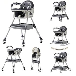 Veitoalioy Seggiolone per Bambini Sedia da Pranzo per Multifunzionale con Doppi Vassoi Staccabili e Ruote Pappa con modalità oscillazione e Schienale Regolabile a 3 velocità (560 Grey)