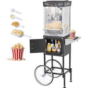 VEVOR Macchina per Popcorn con Carrello, Bollitore in Acciaio Inox da 0,2 kg, 800 W, 48 Tazze per Dose, Stile Cinema, con Controllo a 2 Pulsanti, con Parete in Vetro, 1 Misurino, 3 Cucchiai, Nero