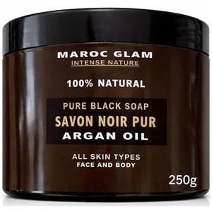MAROC GLAM Sapone nero scrub 250 g + guanto kessa in omaggio all'olio di Argan biologico e all'acqua di rosa pura, scrub tradizionale 100% naturale corpo e viso purificante MAROC GLAM