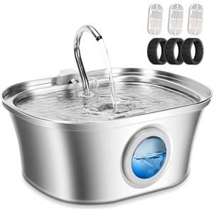 YGVQN Fontana per Gatti‌ Silenziosa‌, ‌3,2L ‌Gatti‌ per Fontana in Acciaio Inossidabile‌, Automatico Fontanella Gatto con 3 Filtri a Carboni Attivi, Facile da Pulire, Finestra di Iivello Dell'acqua