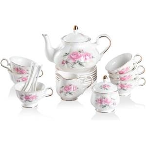 Sweejar Home Set da tè in porcellana, 21 pezzi, motivo floreale vintage, servizio da tè per adulti, con teiera, zuccheriera, brocca e cucchiai, per tè e caffè, adatto per feste (fiori rosa)